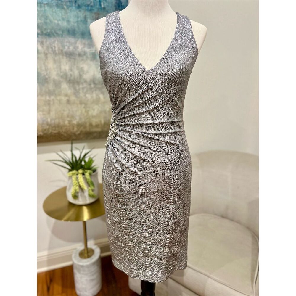 David Meister Silver Metallic Beaded V-Neck Gown Dress Size 2